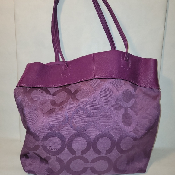 NWT Coach Julia Canvas w/Pebbled Leather Trim OpArt Perry Tote - PURPLE - Picture 2 of 7